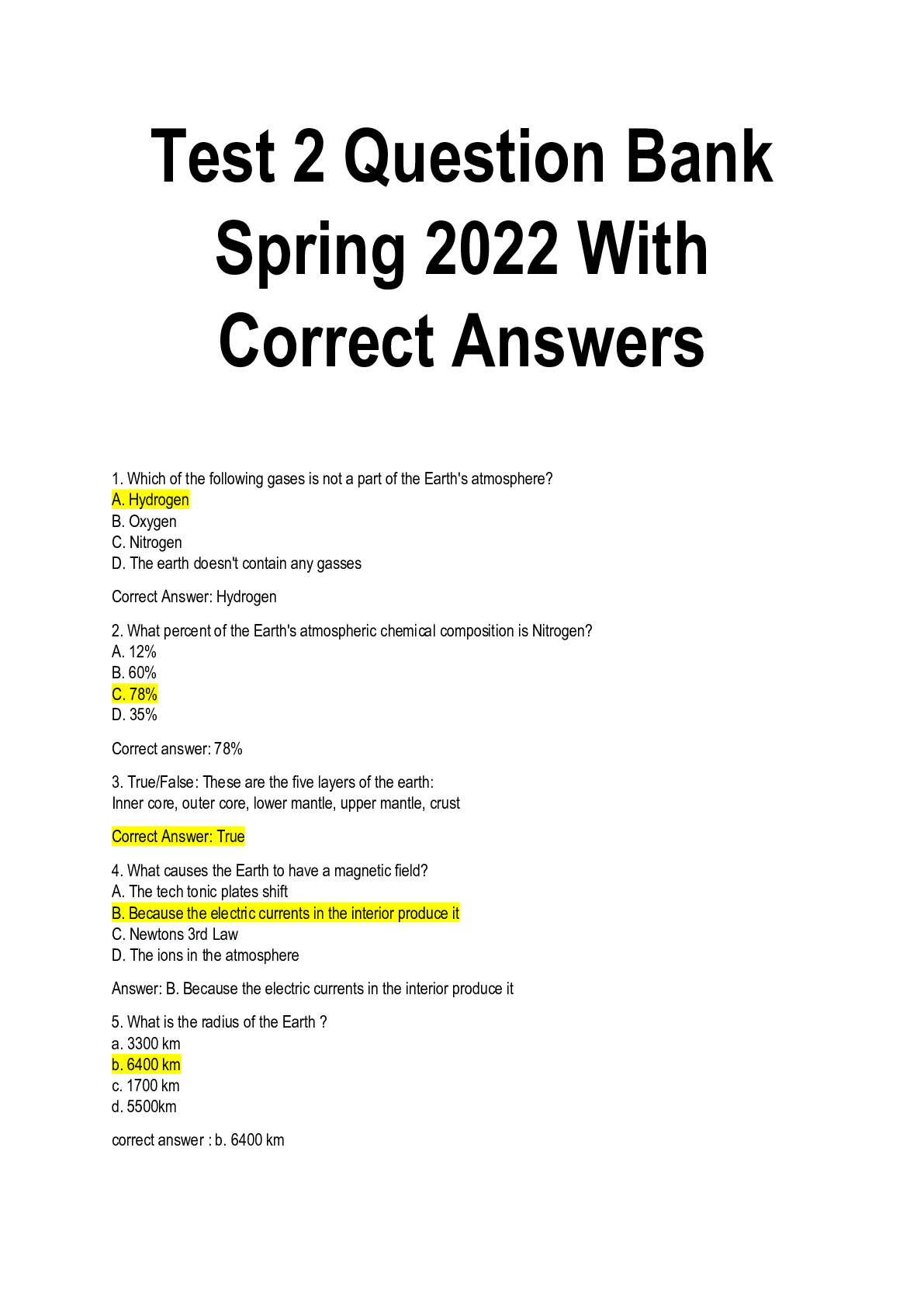 Preview image for Test 2 Question Bank Spring 2022 With Correct Answers